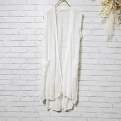 【美品】ラップカーディガン ロング ノースリーブ ホワイト メッシュ M