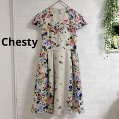 Chesty チェスティ 【1】花柄 フレアワンピース 半袖 日本製 ベージュ