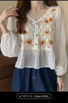 刺繍付きホワイト長袖ブラウス Asian M(M)