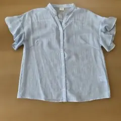 【美品】テチチ★水色 フリル袖シャツ★リネン風★Mサイズ