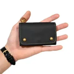 牛革ブラックレザー コンパクトトラッカーウォレット カウハイド ミニショート財布