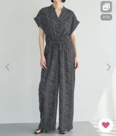 meilmada　オールインワン　ランダム　ドット　黒色　パンツ　半袖　Vネック