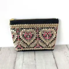 インド刺繍リボン ◎デニム生地◎マチ付きミニポーチ