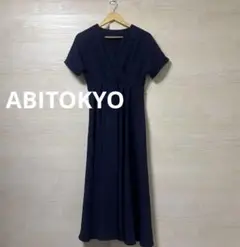 ABITOKYO★ネイビー 半袖 ロングワンピース ギャザー 無地 シンプル