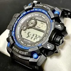 新品 デジタルビックフェイスウォッチ メンズ腕時計ブラックブルーストップウォッチ