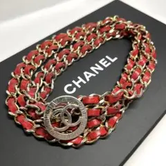 【激レア色】CHANEL ココマーク ダブル チェーン レザー ベルト レッド