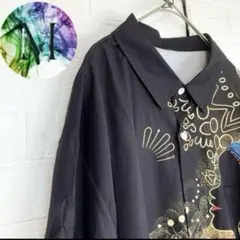新品　未使用　レディー　アート　エスニック　オープンカラー　シャツ　メンズ　黒