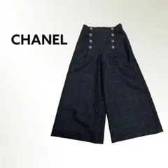 シャネル 18A 碇イカリボタン ファンタジーツイード チェック柄 ワイドパンツ