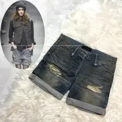本物 ランウェイモデル アレキサンダーワン レザー使い デニム ショートパンツ