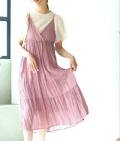 新品　しわ加工　ミディアム丈　キャミワンピース　ピンク　淡い桃色　シアーワンピ