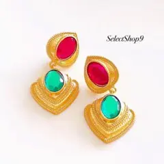 新品未使用品♡レッドグリーンゴールドヴィンテージアンティークインポートイヤリング