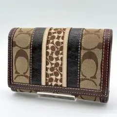 【良品】COACH 三つ折財布 シグネチャー キャンバス レザー ブラウン