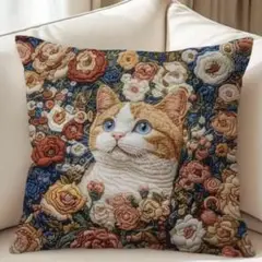 新品 クッションカバー 刺繍風 プリント 猫 ネコ 動物 リアル かわいい