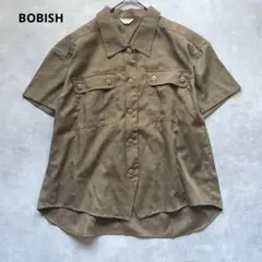 BOBISH 半袖シャツ ボタン付きポケット ブラウン リネン配合