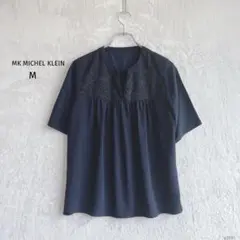 エムケーミッシェルクラン|スキッパーシャツ【M】エスニック刺繍 濃紺 ギャザー