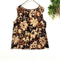 【BON CLIE】美品✨トップス　ノースリーブカットソー　花柄　茶色　9R