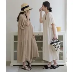 美品　ベージュ マタニティ ワンピース フレアスリーブ
