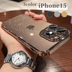 iPhone15 ケース クリアメタリック カメラレンズ保護 キラキラ ゴールド