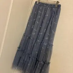 ブルーグレー　チュールロングスカート　L