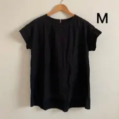 インド綿　半袖　チュニックTシャツ　レースカットソー　M　綿100　黒　中古品