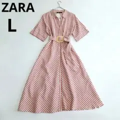 新品 タグ付き　ZARA　リネンレーヨン　シャツワンピース　ベルト付き　Lサイズ