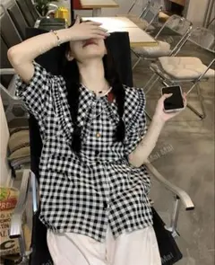 shein ピーターパンカラーブラウス　ギンガムチェック