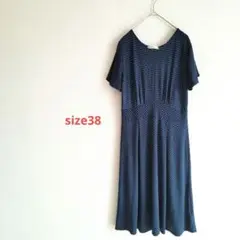 e271　オフオン【38】ワンピース/半袖/フレア袖/紺系/総柄/ひざ下/夏