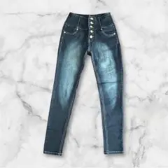 【美品】スキニーデニム ハイウェスト インディゴブルー ボタン S