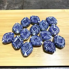 陶器ビーズ とんぼ玉 雷紋 青絵 染付 シノワズリ 約27mm 15個 t6