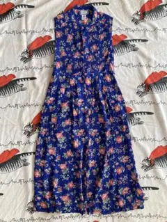 vintage 花柄 ノースリーブ ロングワンピース 青 古着 ヴィンテージ