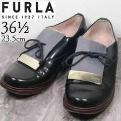 FURLA フルラ 23.5 ローファー プレート 金具 ハラコ リボン 黒