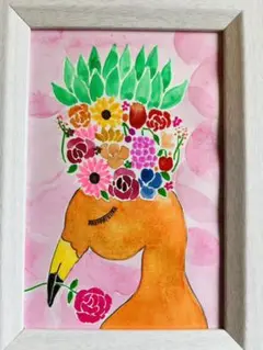 (プロフ必見‼)️ flower flamingo、水彩、絵画原画抽象画、額縁付き