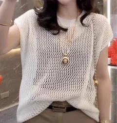 ホワイト メッシュニット 半袖トップス サマーニット 透かし編み 白