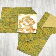 【G99】着物 小紋 袷 正絹 緑 黄土色 単品 初心者・着付練習やアレンジに