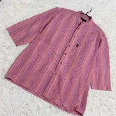 Pierucci✨美品　ノーカラーシャツ　ストライプ柄　七分袖　ピンク　（M）