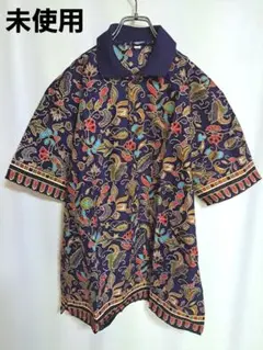 【未使用】アジアンテイスト　ポロシャツ　薄手　ドット　アート　総柄