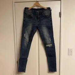 メンズビキダメージ加工 ダークブルー スキニージーンズ
