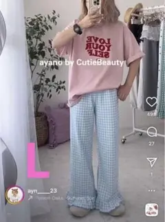 しまむらayanoコラボ水色ギンガムチェックパンツ裾フリルパンツ