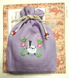 【No.306】シマエナガとアサガオの刺繍ポーチ