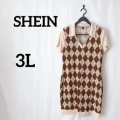 SHEIN 【3L】ダイヤモンド柄ポロニットワンピース 大きいサイズ