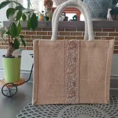 ジュート花柄刺繍エコバッグ　ハンドメイド