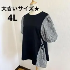【4L】ギンガムチェック トップス ドッキング 半袖 カットソー 大きいサイズ
