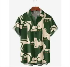 【ユニセックス】レトロポップな猫柄シャツ（半袖／グリーン×アイボリー）