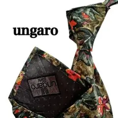 ungaro 花柄 オリーブ色　赤　緑　総柄　派手ネクタイ　ヴィンテージシルク