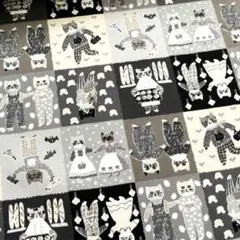 【1m】猫ちゃんブロック生地 ブラック&グレー系 オックス