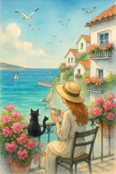 水彩画 海とバルコニーの風景 A4 AI画像