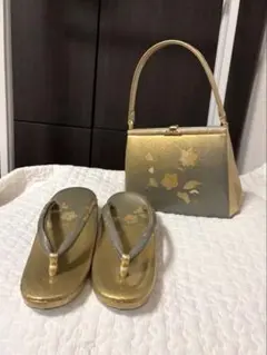 【未使用】　バッグと草履のセット　ミラー付　草花　ゴールド　オリーブ