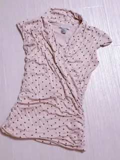 美品◾️H&M◾️ドッド柄ギャザーtops◾️M/水玉ピンクベージュ