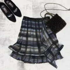 【美品】韓国ブランド チェック柄 シフォン フリルスカート Free