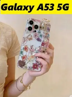 Galaxy A53 5G★お花総柄　クリア　ハンドストラップベルト　リング